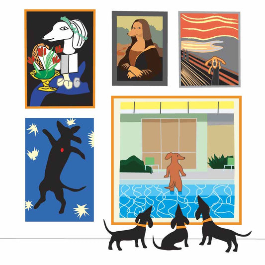 Art gallery scene of humorous dog art paintings. Enjoyed by three dachshunds.