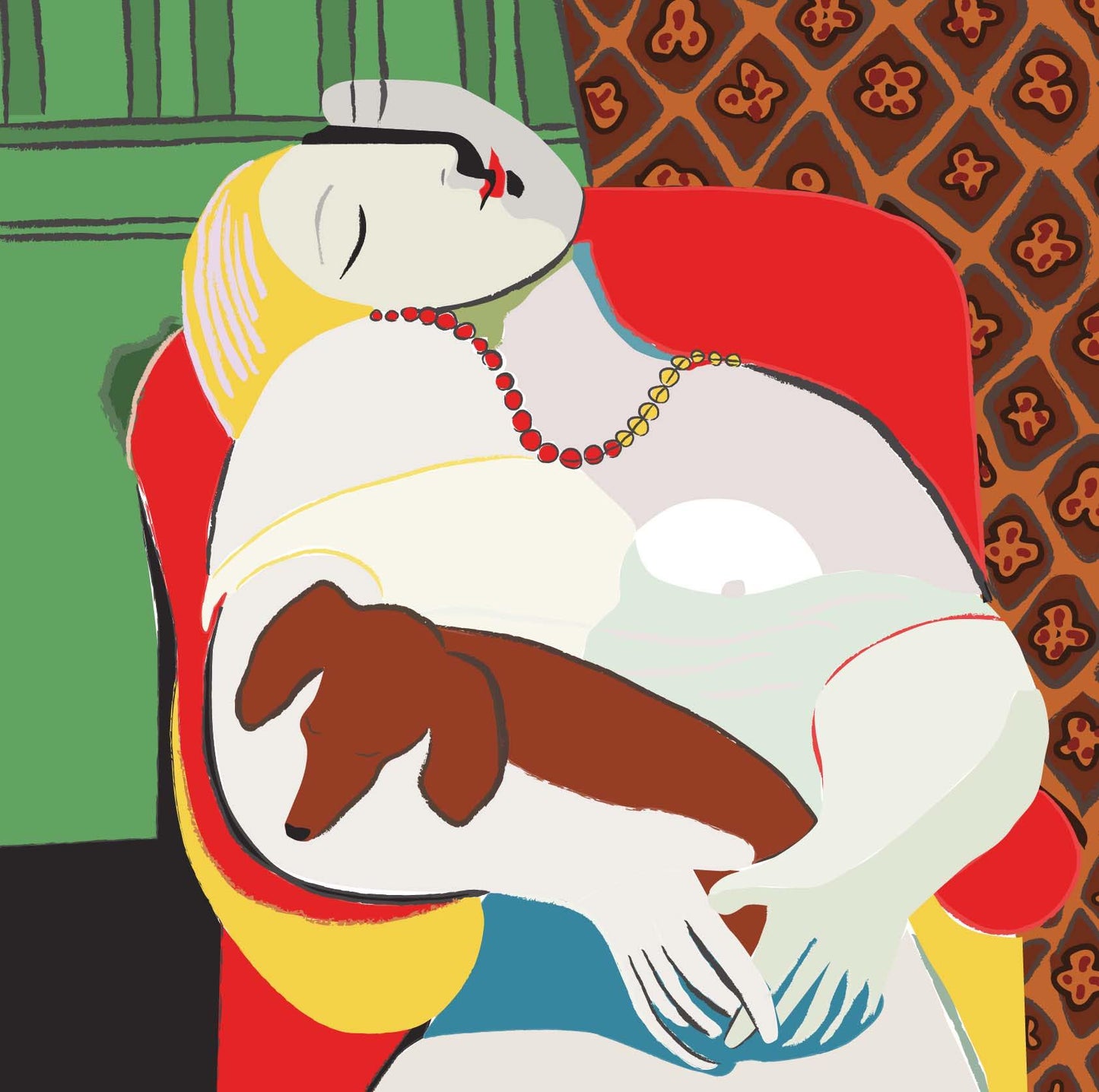 Picasso's Dream painting with his sleeping dachshund in the arms of his sleeping model.