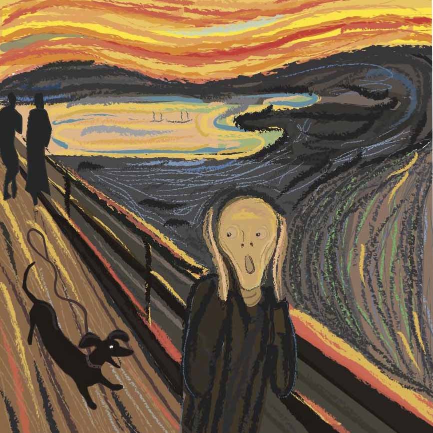 Redrawn version of Edvard Munch's painting The Scream with the screaming figure the being chased by a barking dachshund to explain his scream.