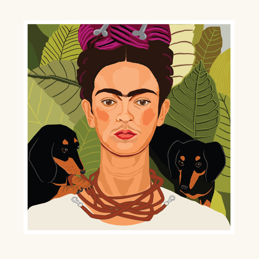 A witty reworking of the Frida Kahlo self portrait originally with thorn collar and puma and monkey but here the collar is a dog lead wound round her neck and a dachshund on either side of her.