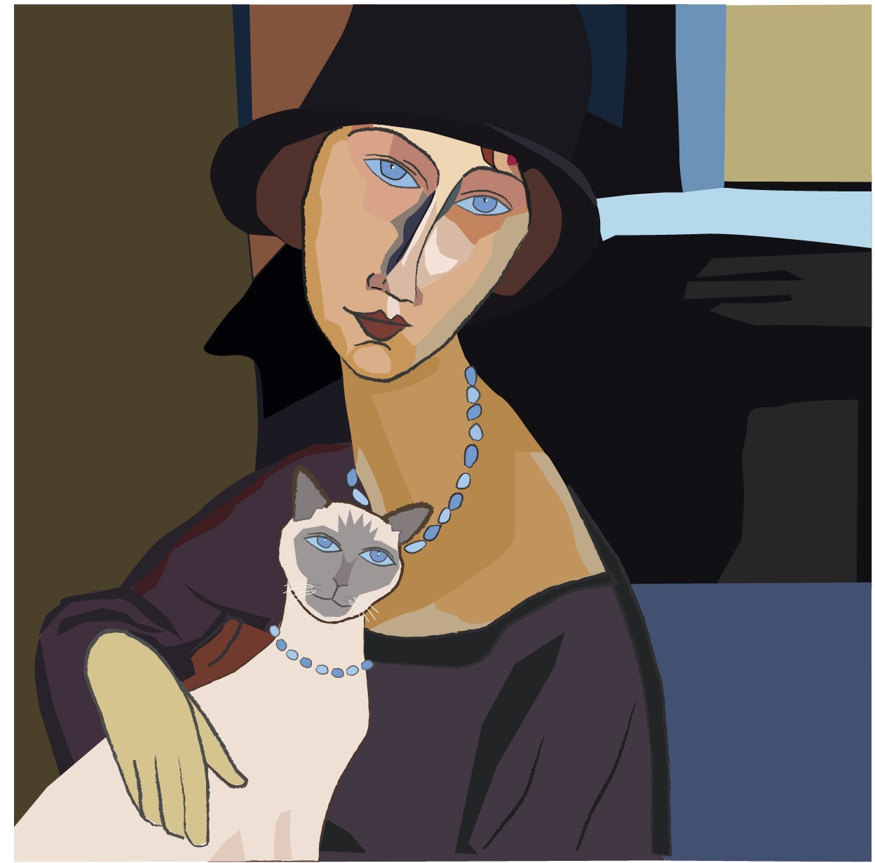 Digitally redrawn Modigliani woman with a Siamese cat on her knee. Both have the same style of eyes in witty fun.