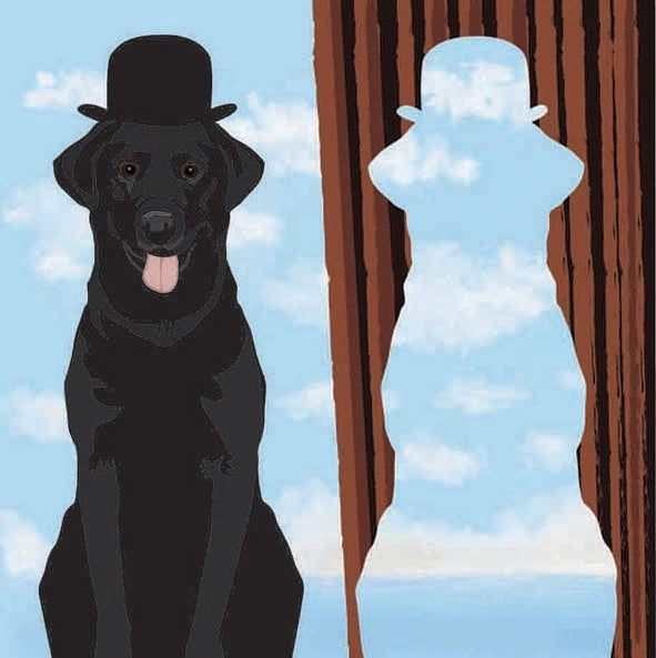 Magrittes well loved painting of a Man in a bowler hat. Wittily redrawn as a labrador in a bowler hat.
