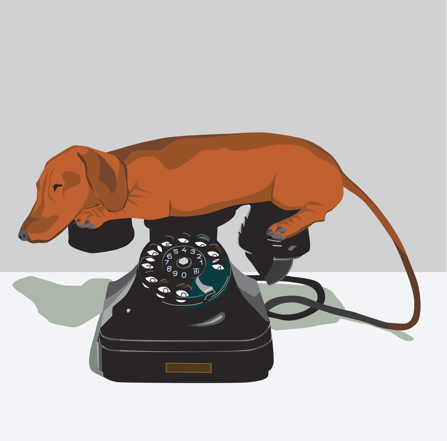 Dachshund lounging on a vintage  phone in place of the lobster in a surreal Salvador Dalí-inspired greeting card