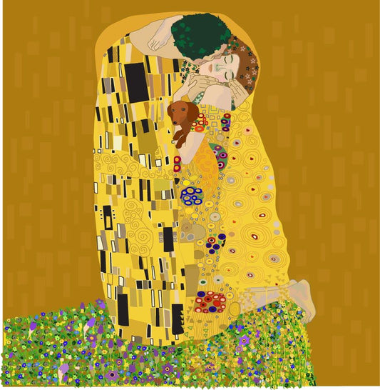 A dachshund interrupts Klimts iconic Kiss.