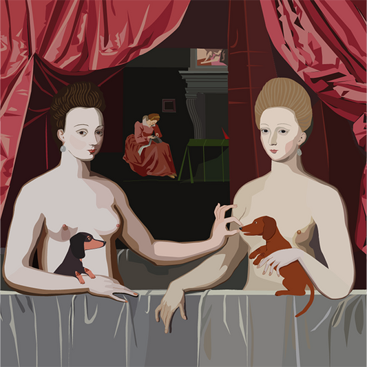 A clever homage to Gabrielle d’Estrées and One of Her Sisters – The Tweak replaces historical intrigue with dachshund charm in this irreverent greeting card