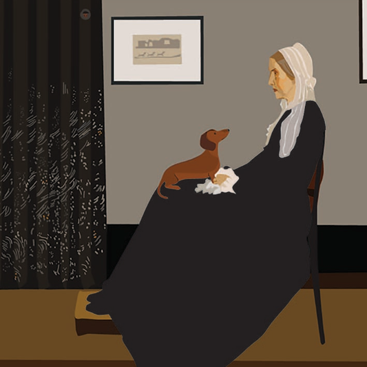 Iconic painting of whistlers mothers dog with adorable addition of a dachshund on her lap.