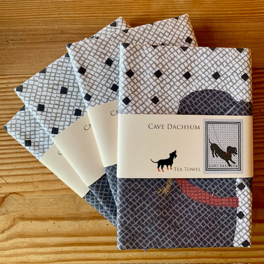 Cave Dachsum tea towel is fun wordplay on Cave Canem mosaic of Ancient Rome
