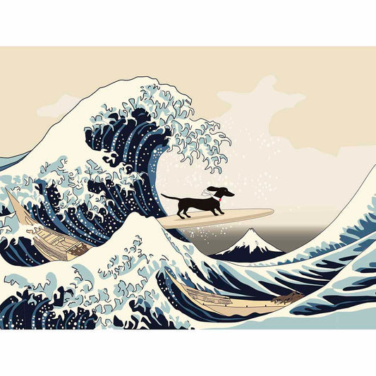 Small dachshund surfing a wave inspired by Hokusai's Great Wave off Kanagawa.