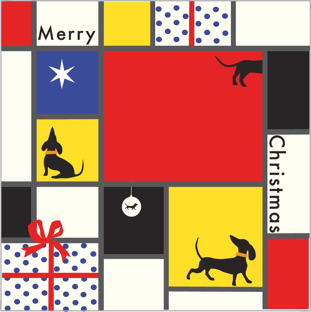 One of Mondrians Abstract paintings with dachshunds in the colour squares. Baubles and stars in a Dachshund Christmas design.