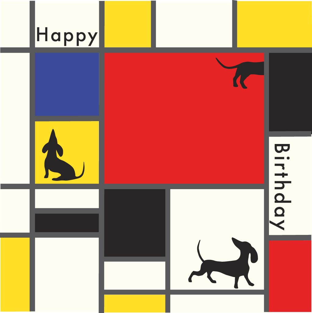 Witty Dachshund birthday card based on Mondrians abstract squares with dachshunds wandering into each one.