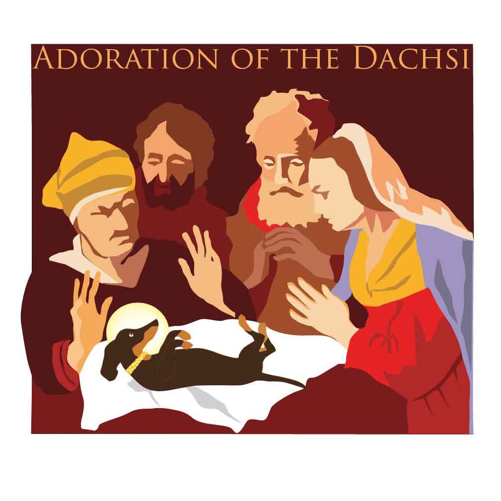 Humorous Adoration of the Magi scene with the worshippers looking at a baby dachshund.