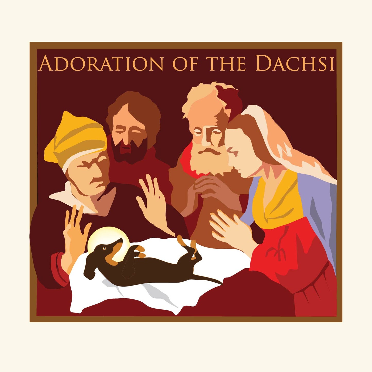 Humorous version of Adoration of the Magi showing worship of a baby dachshund 