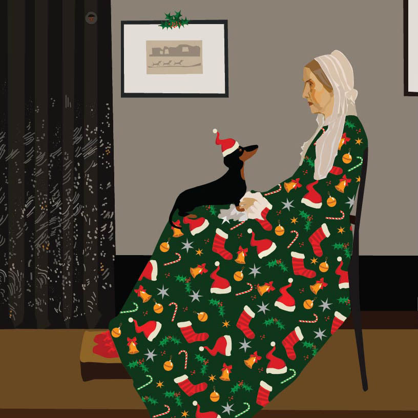 Whistler’s Mother in a Christmas patterned party frock holding a Dachshund on her lap