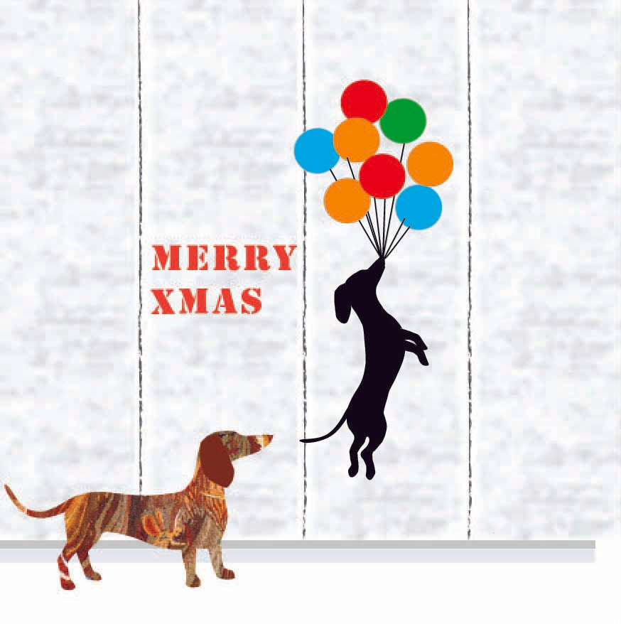 Graffiti wall with dachshund hanging onto floating balloons in Banksy style.
Merry Xmas written on the wall.