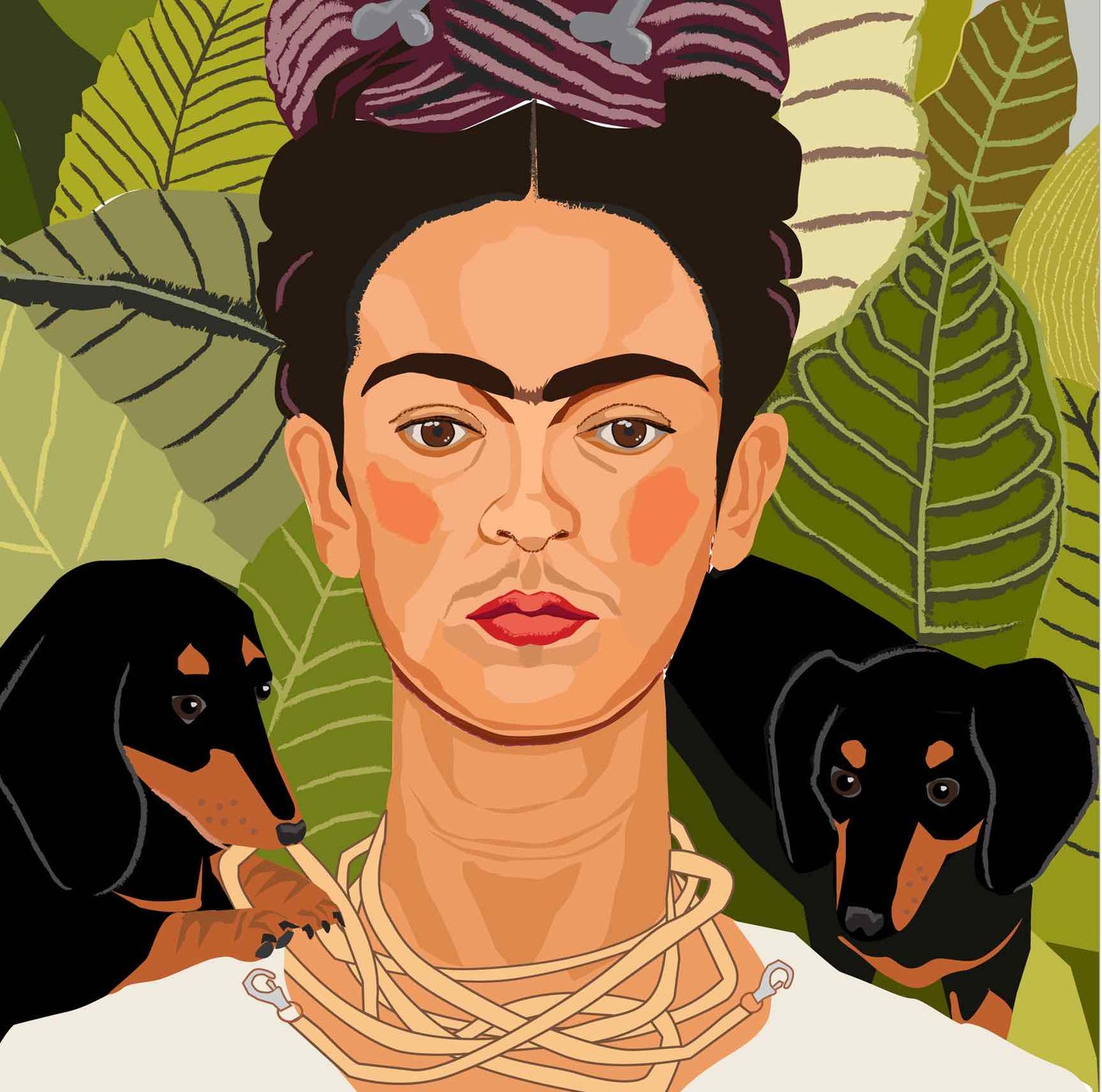 Frida Kahlo self portrait wittily redrawn changing her cat and monkey for two dachshunds and her collar of thorns for two leads. 