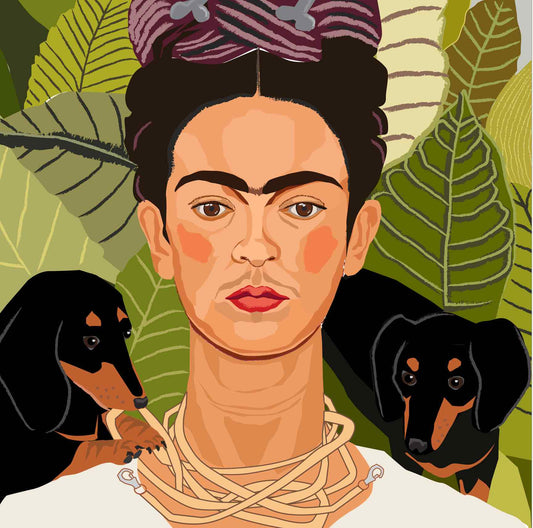 Frida Kahlo self portrait wittily redrawn changing her cat and monkey for two dachshunds and her collar of thorns for two leads. 