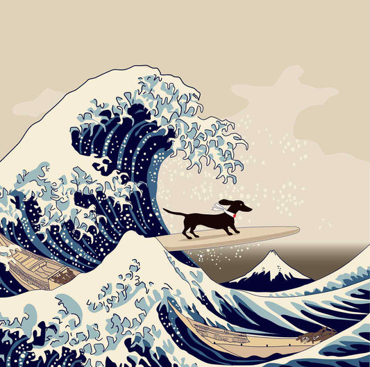 Small dachshund surfing through the wave in a humorous version of Hokusai’s Great Wave.