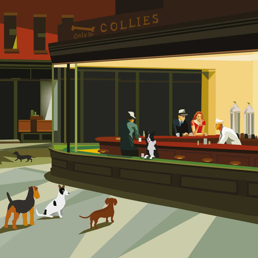 Witty canine take on this famous diner with dogs in the street and in the window