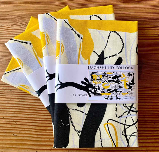 Tea towel with Jackson Pollock inspired design including a dachshund. So titled Dachshund Pollock.