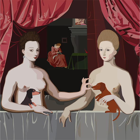 The Tweak shows an old French painting of two naked sisters each holding a dachshund as one ssister eems to tweak  the others nipple. Dachshund charm in this irreverent arty greetings card. 