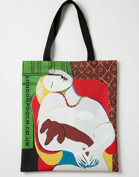 Tote bag with Picasso image of sleeping woman and a small dachshnd sleeping on her lap and lodnonpooch.co.uk runnig up the side.