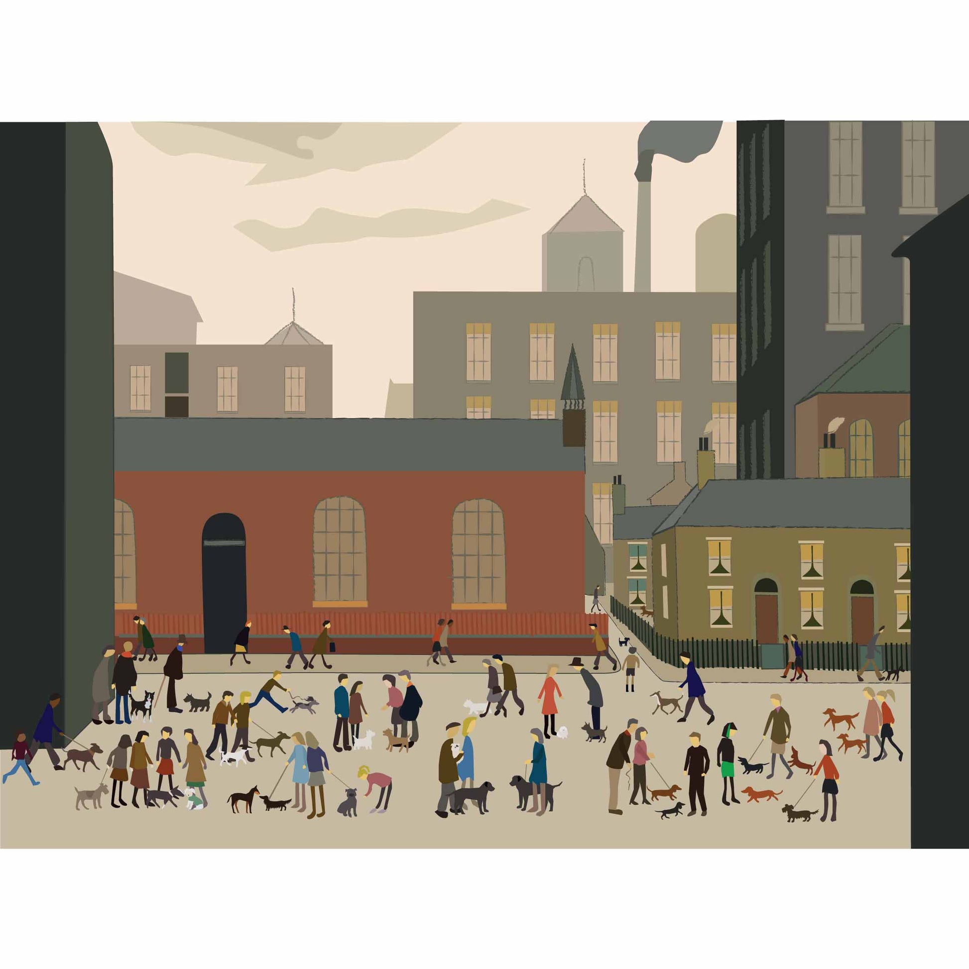 A reworking of Lowrys Mill Scene showing people and dogs. Milling around.